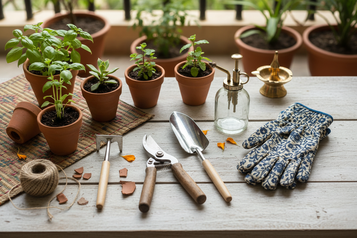 Indian gardening tools including pruning shears, watering can and gloves placed in a balcony garden setup