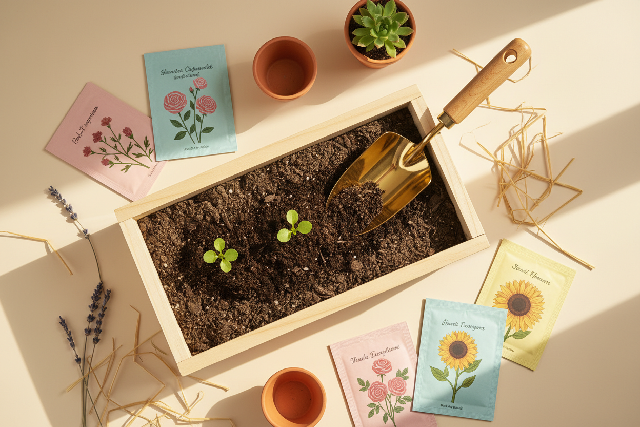 A warm, aesthetic top-view scene of a small home gardening setup with flower seed packets, a wooden planter box with fresh soil, a few small green plants, a gold gardening scoop, and soft morning sunlight coming from the side. Clean pastel background, warm tones, natural shadows, premium lifestyle feel, 8k realistic photography.
