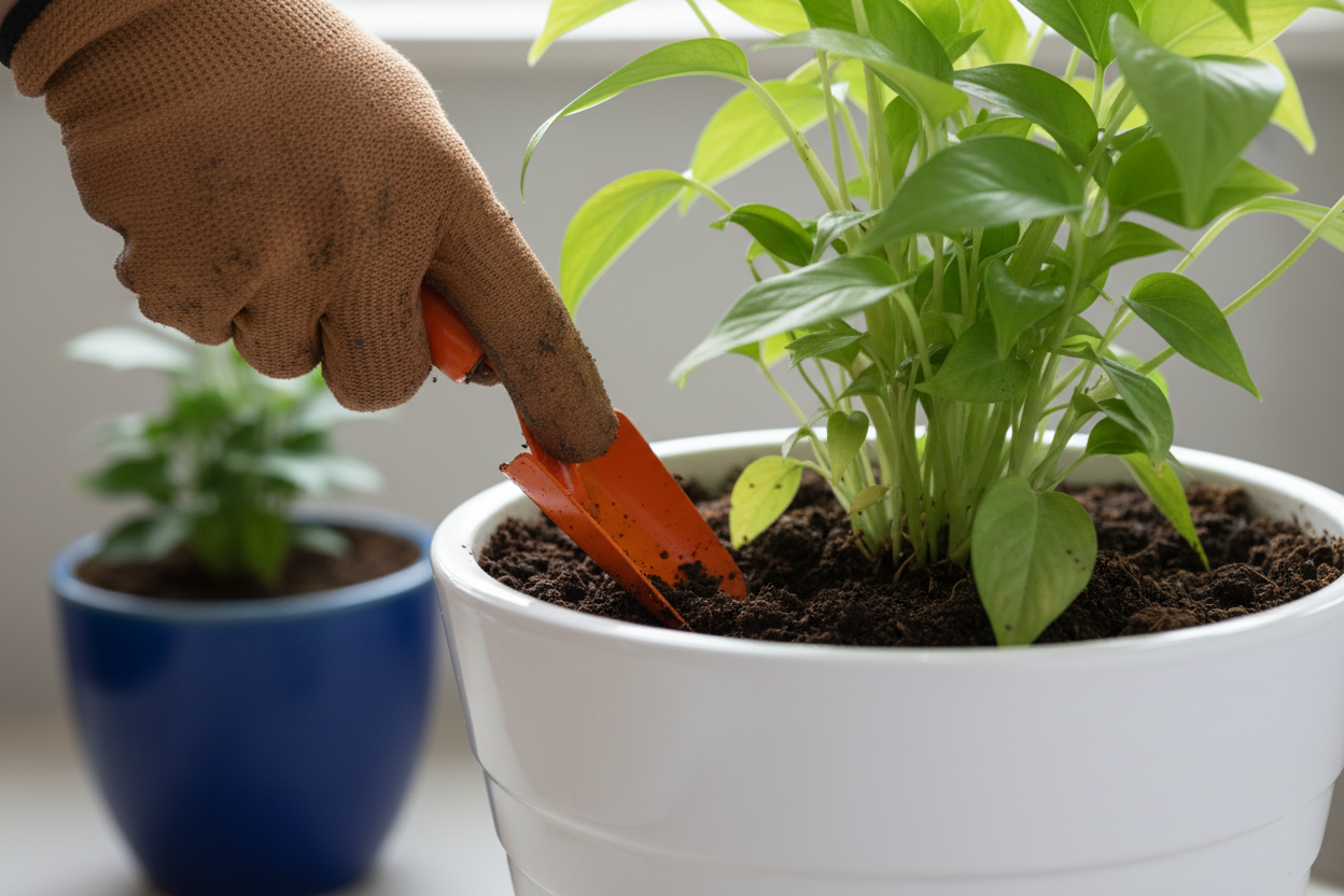 Close-up photo of a gardener’s hand using a bright orange metal khurpa gardening tool to loosen soil around a green potted plant. Natural indoor daylight, soft shadows, realistic textures, white ceramic pot in foreground and blue pot in background, shallow depth of field, clean and bright gardening aesthetic, ultra realistic 8k.
